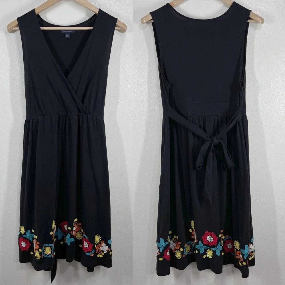 Tommy‎ Hilfiger Black Dress Womens Large Floral Embroidered Sleeveless Casual